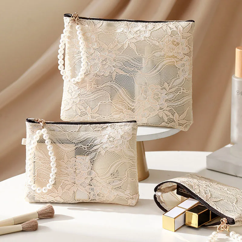 Sweet Cosmetic Pouch with Imitation Pearl Chain Women Lace Small Makeup Bag Travel Organizer Cosmetic Coins Handbag Case