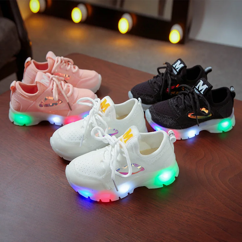 

Patchwork Children's Sneakers with Luminous Sole LED Light Up Shoes Stripes Flat with Glowing Boys Girls Shoes