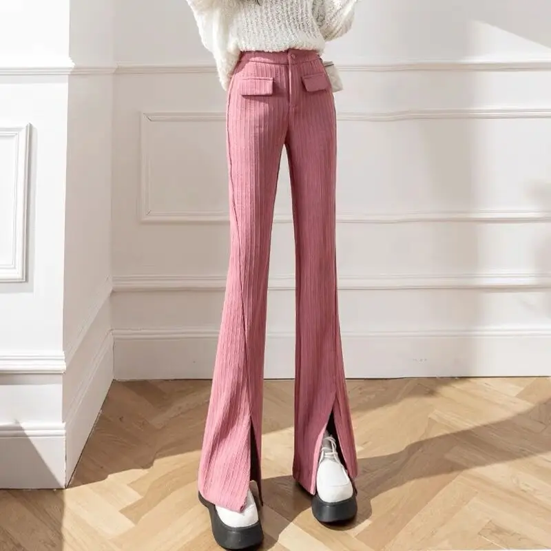 Winter Chenille Warm Flare Pants Split Design Streetwear Women Lady Office Work Club Elastic Waist Wide Leg Fake Pocket Trouser