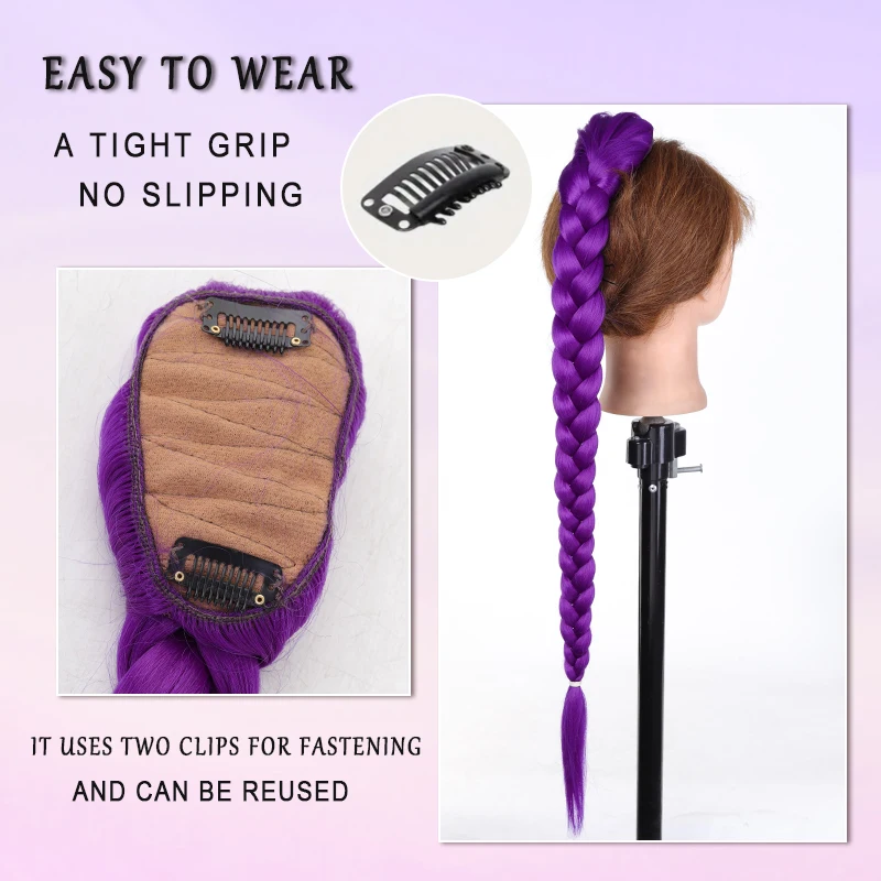 LUPU 26 Inch Long Purple Box Braided Extensions Synthetic Fiber for Roleplay Halloween Costume Easy to Clip for Tail Braid