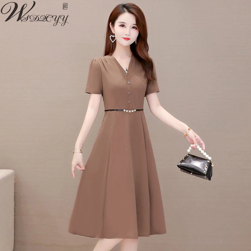 

Elegant Women Bodycon Dress With Belt 2023 New Summer Solid Colors V-Neck Midi Dress Big Size 4xl Short Sleeve Vestidos