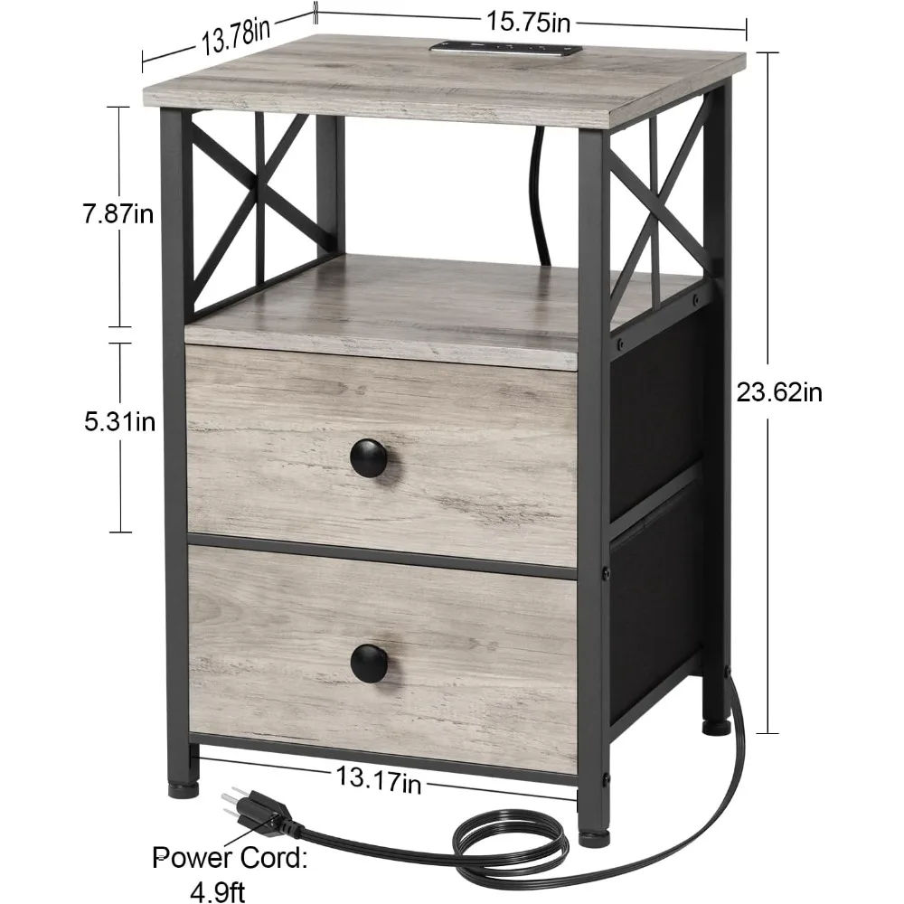 Night Stand Set 2, Nightstand with Charging Station, End Tables Living Room with USB Ports and Outlets 3