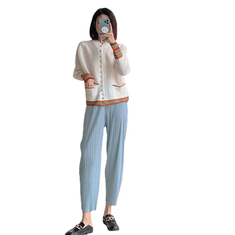 Women Autumn Shirts Cardigans Jacket Coat Top Fashion Long-sleeved Retro Outside Shawl Folds Clothing Geometric Stripes Clothes