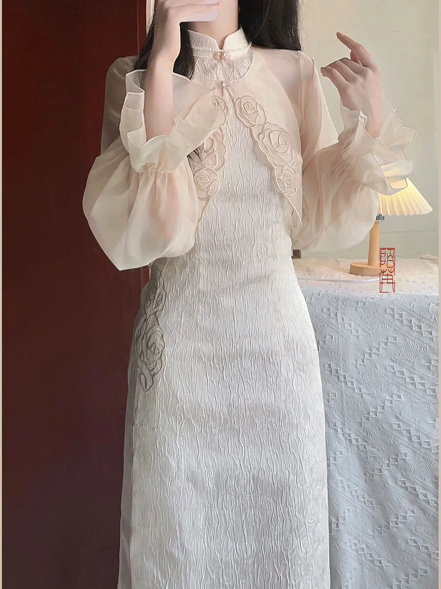 

Китайский традиционный элегантный милый летний комплект чонсам, Женский пикантный тонкий кардиган в стиле ретро, облегающее платье Ципао, комплект из двух предметов, 2023