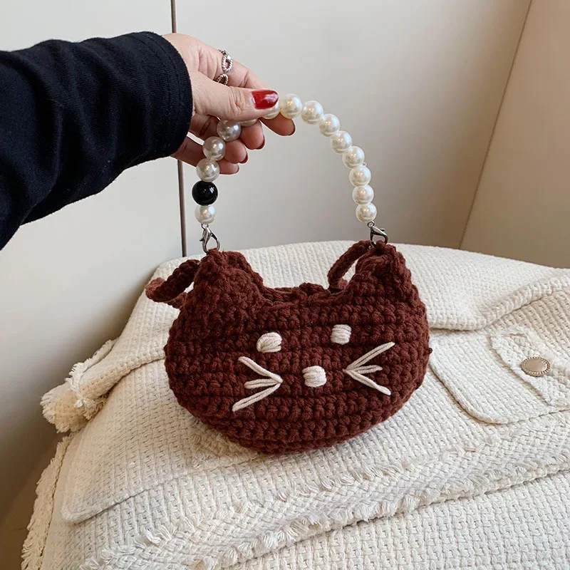 Mini Handbag Shoulder Bag Knitted Hand-woven Fashionable Cat Pearl Phone Pouch Coin Purses Key Bag Casual Simple Sweet for Girl