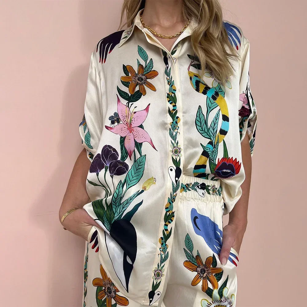 Women Printed  Pieces Set Short Sleeve Top Loose Long Pants Lady Spring Summer Hawaii Beach Casual Indie Folk Outfits 2024 NEW