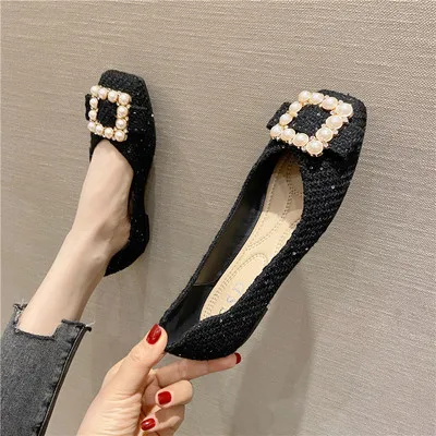 Wedding Flat Heels for Women Black Flats Square Head Pearls Rhinestones Soft Sole Spring Summer Zapatos Planos Scoop Shoes 44 45 4