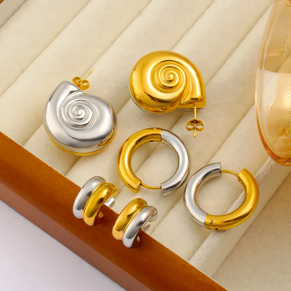 Vintage Two-tone Chunky Sea Snail Ear Studs Glossy Stainless Steel Metal Double CC Circle Hoop Earrings Punk Jewelry Waterproof