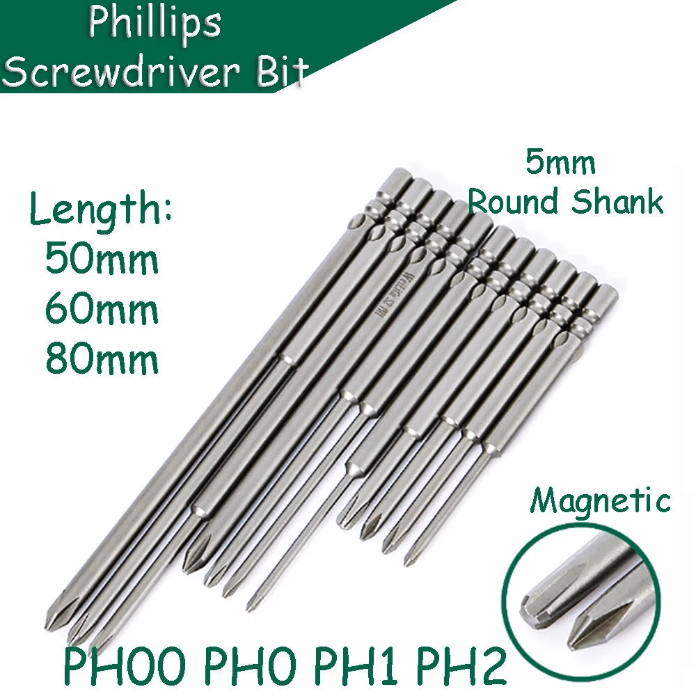 필립스 스크루드라이버 비트 PH00  PH2 마그네틱 5mm 원형 생크 S2 합금강, 전기 배치 헤드 수리, 길이 50mm, 60mm, 80mm, 1 개