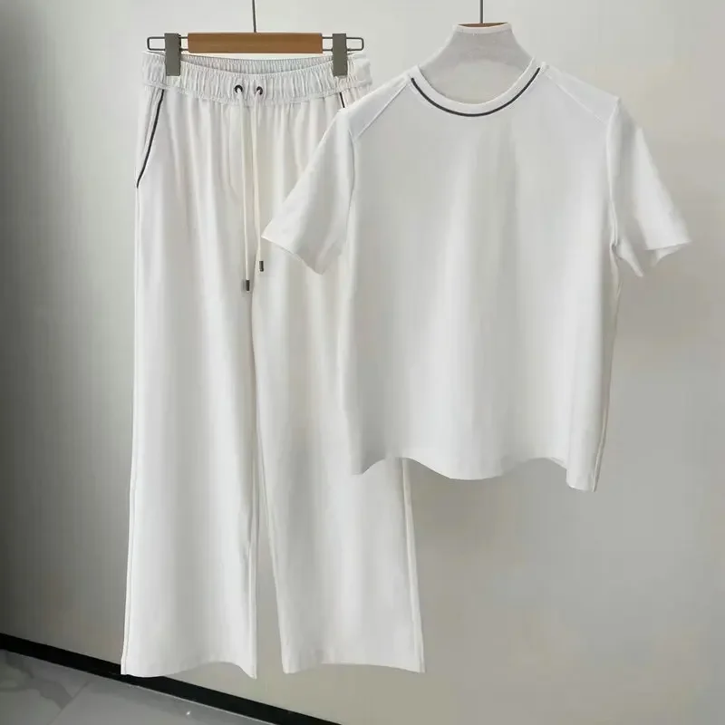 

Women 2024 Spring Summer New Casual Sports Long-staple Cotton Blend Short-sleeved T-shirt/trousers