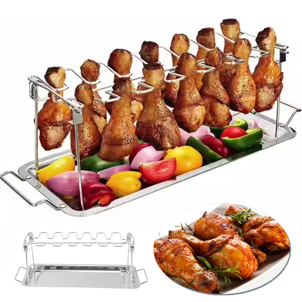 

BBQ Beef Chicken Leg Wing Grill Rack 14 Slots Stainless Steel BBQ Drumsticks Holder Smoker Oven Roaster Stand Roast Barbecue Rib