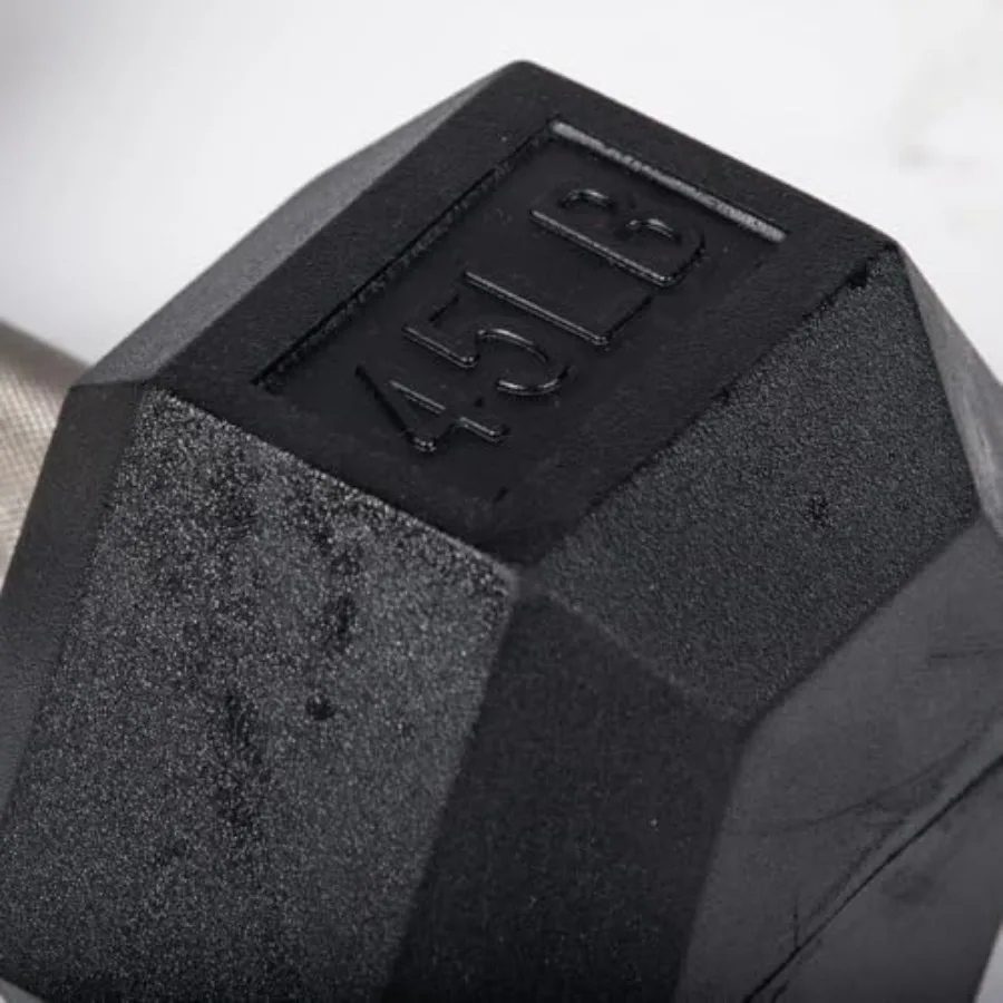 45 LB Pair Free Weights, Black Rubber Coated Hex Dumbbell, Straight Stainless Steel Handle, Strength Training, Full Body Workout