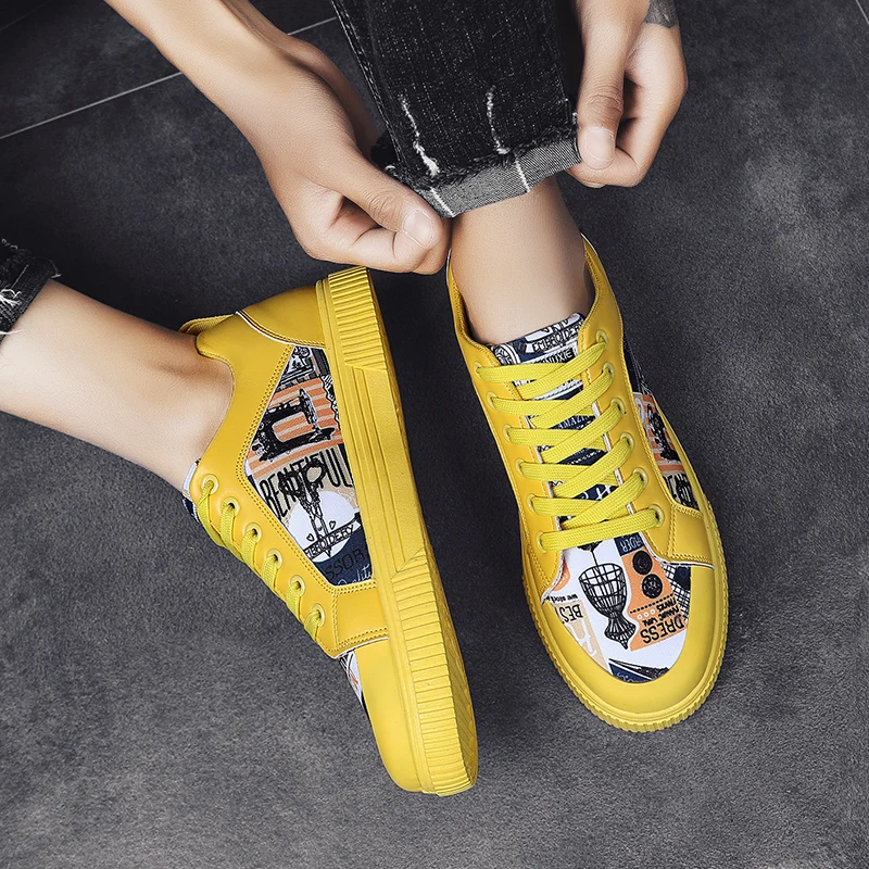 Yellow Casual Men's Shoes Fashion Graffiti Vulcanized Sneakers Men
