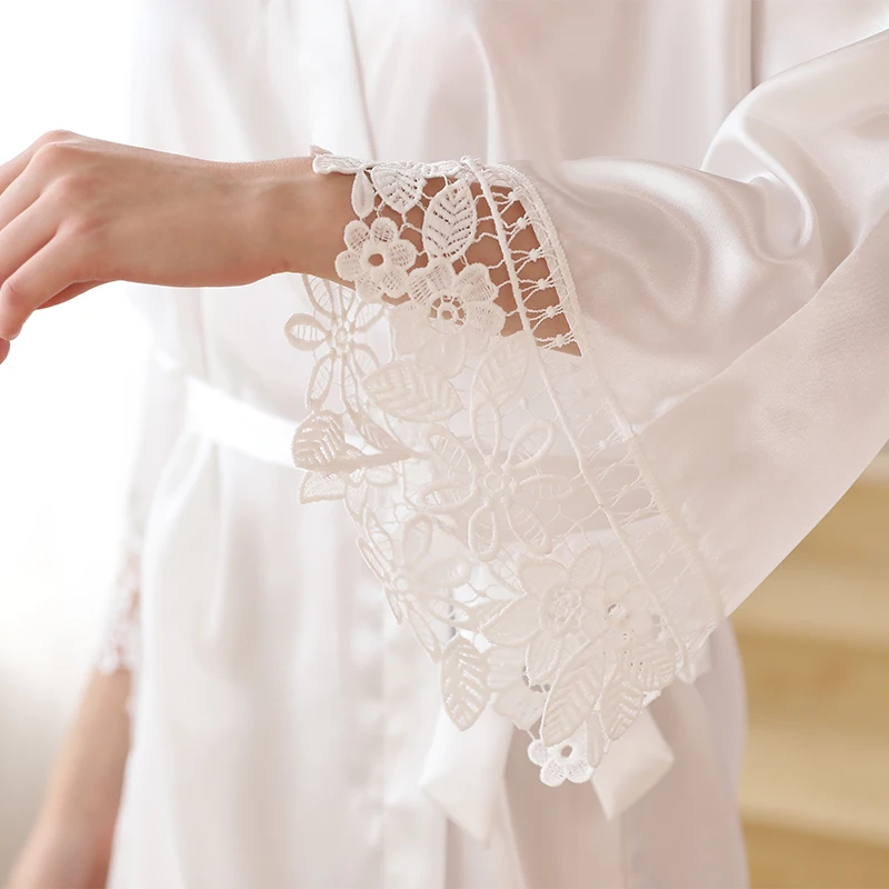 Sexy Dressing Gown Women Lace Satin Bride Robe Patchwork Silk Bathrobe Summer Bridesmaid Nightwear Wedding Lounge Peignoir