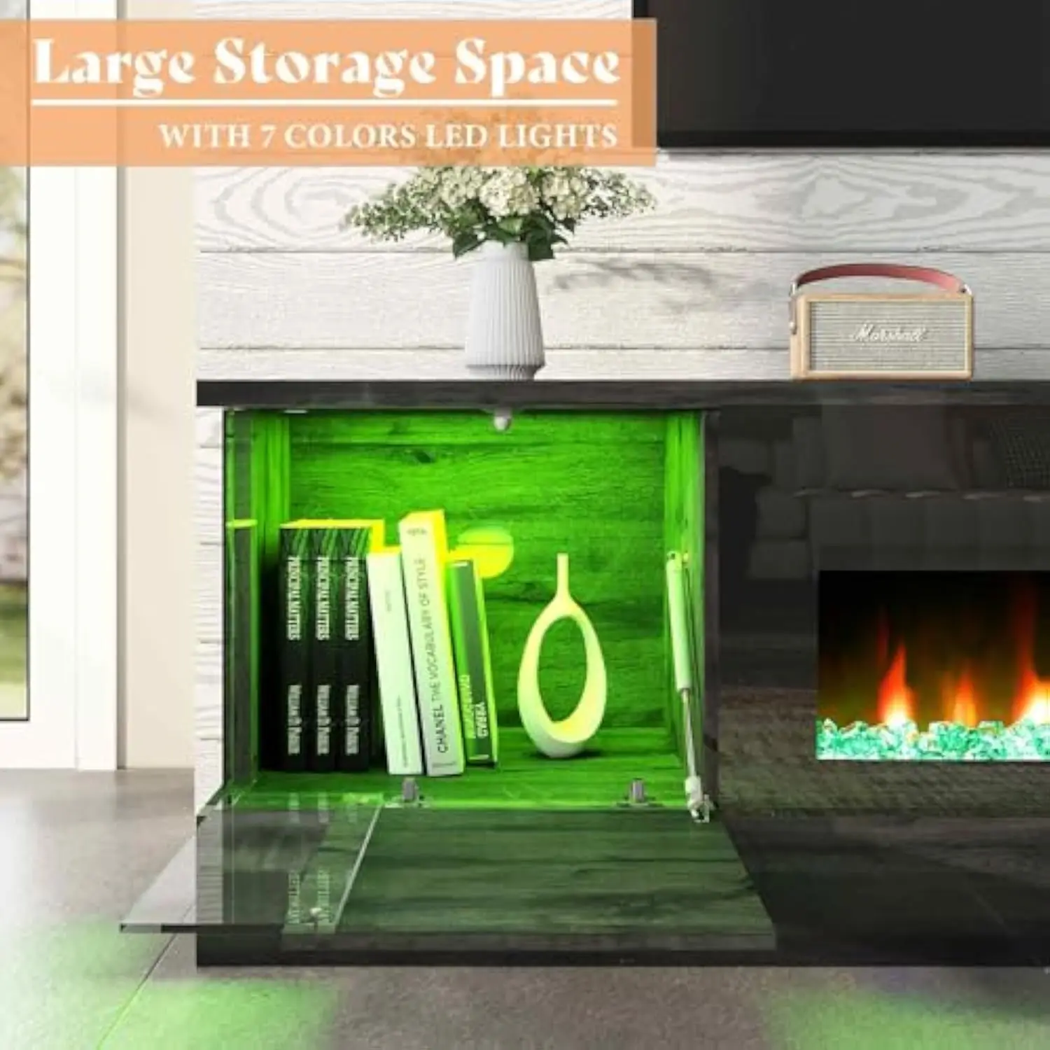 70 Glossy Oak Fireplace TV Stand with 36 Fireplace for TVs up to 80 LED Lights Fireplace Entertainment Center with Flip Doors 3