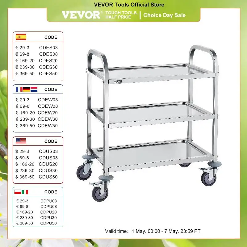 VEVOR Stainless Steel Cart 3/2/1 Layers Lab Utility Cart Medical Cart W/ Lockable Universal Wheels for Lab Clinic Kitchen Salon