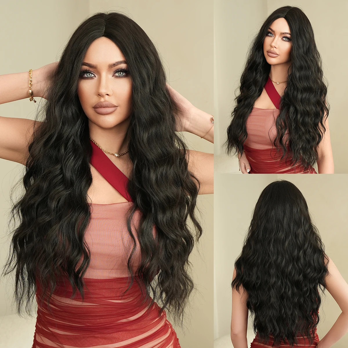 NAMM Long Water Wavy Black Wigs With Natural Synthetic Wigs for Women Daily Party Cosplay Heat Resistant Medium Wig
