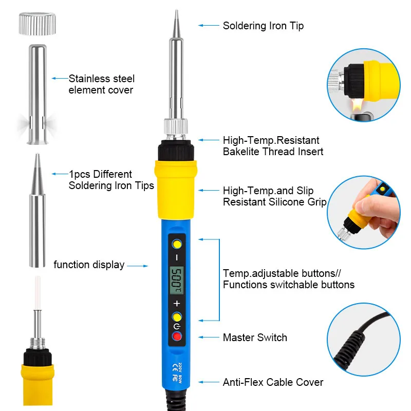 80W digital display soldering iron kit adjustable temperature set 220V 110V welding tool ceramic heating core with switch button