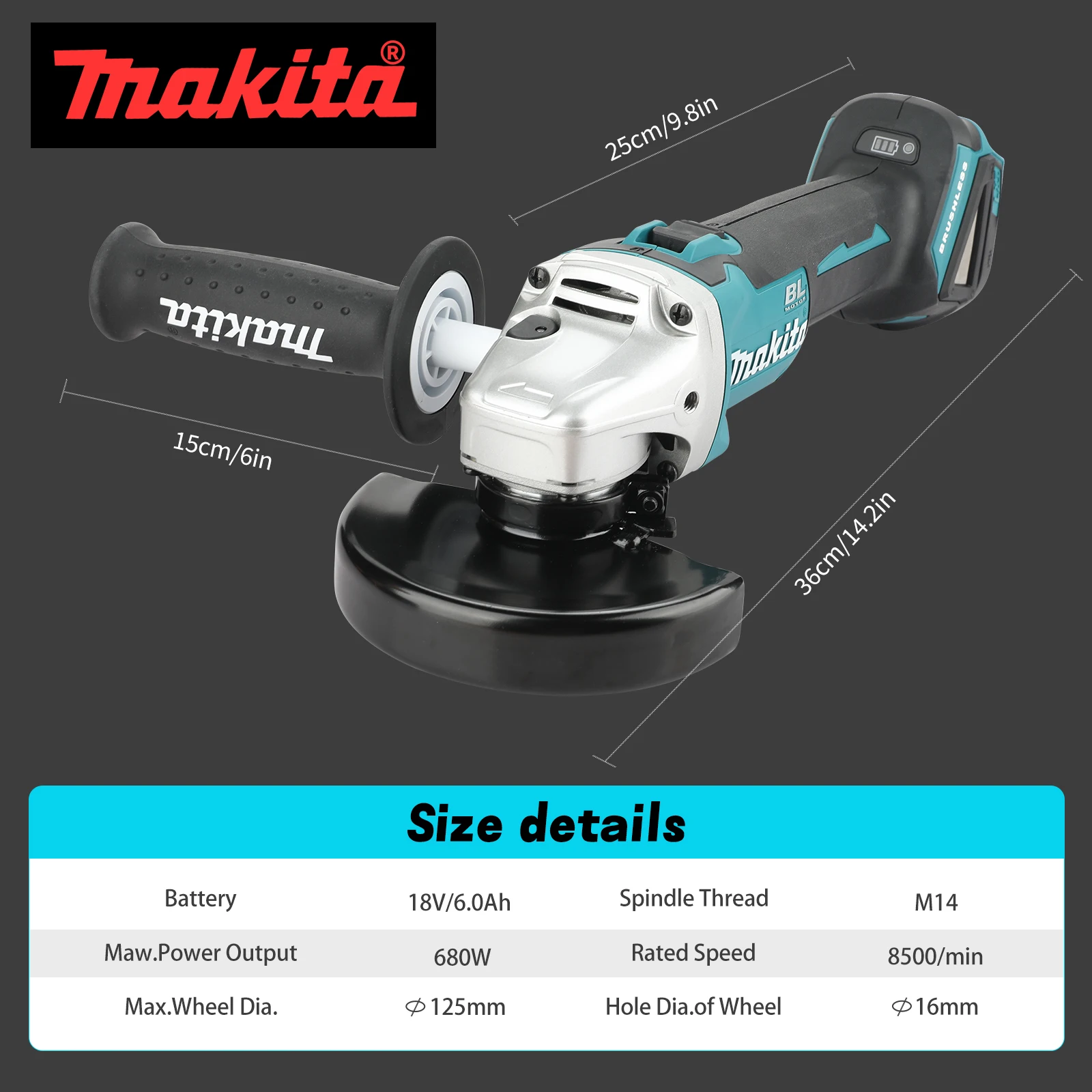 Makita 18V 6.0Ah 125mm Brushless Lithium Battery Angle Grinder