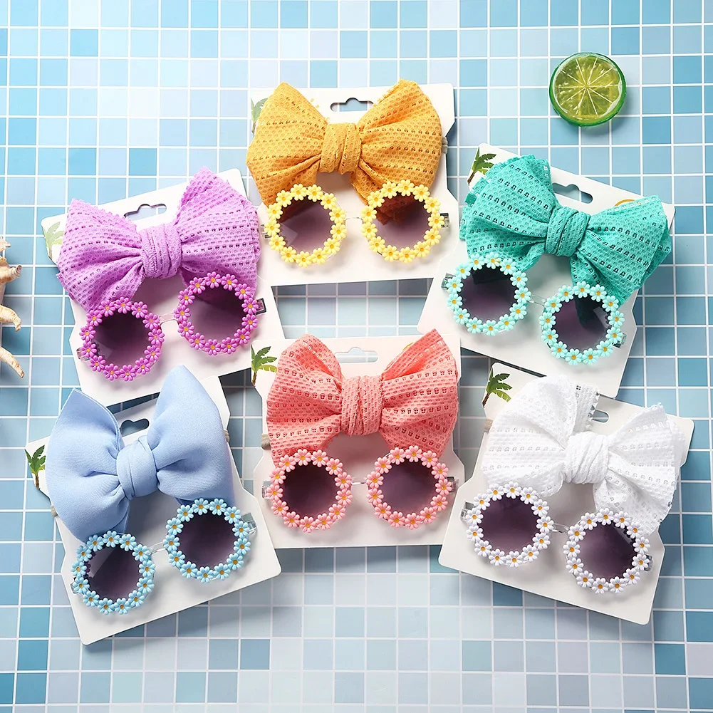 

Kids Sunglasses Headband Set Baby Unglasses Elastic Nylon Headband Bohemia Beach Seaside Sun Glasses Kids Puff Bow Headwear