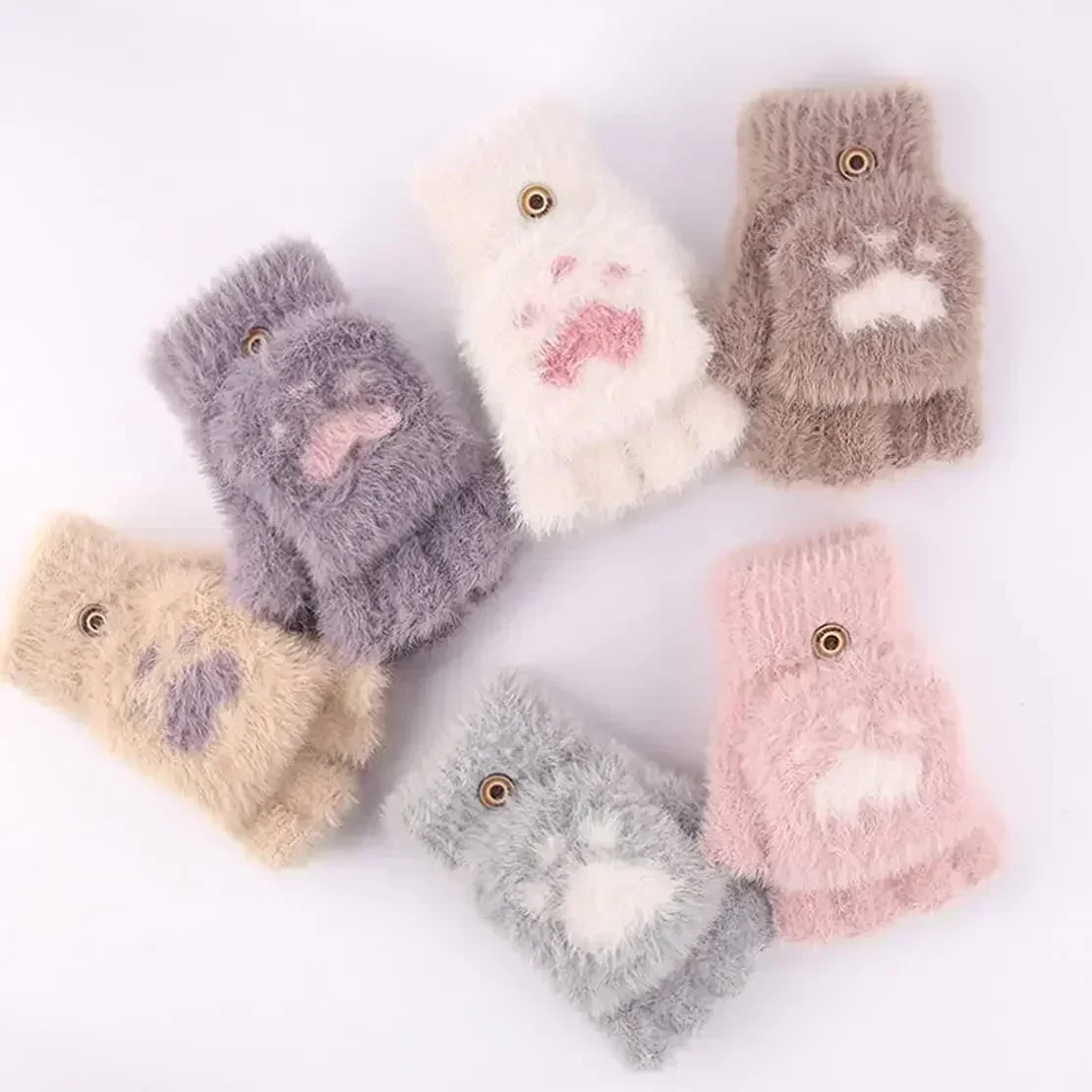 Winter Gloves Cartoon Cat Paw Fingerless Flip Mittens for Women Girls Winter Warm Fleece Touch Screen winter gloves cat gloves