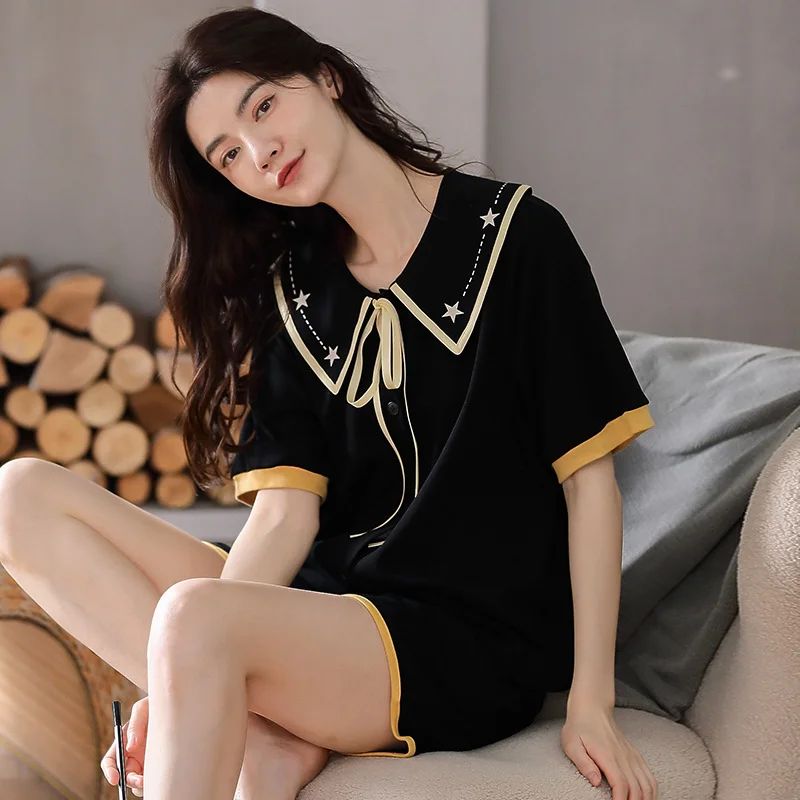 Neue kurzärmelige Shorts, Strickjacken, Pyjamas für Sommermädchen, süße Studenten, reine Baumwolle, kleiner Duft, modisch_voghion.com