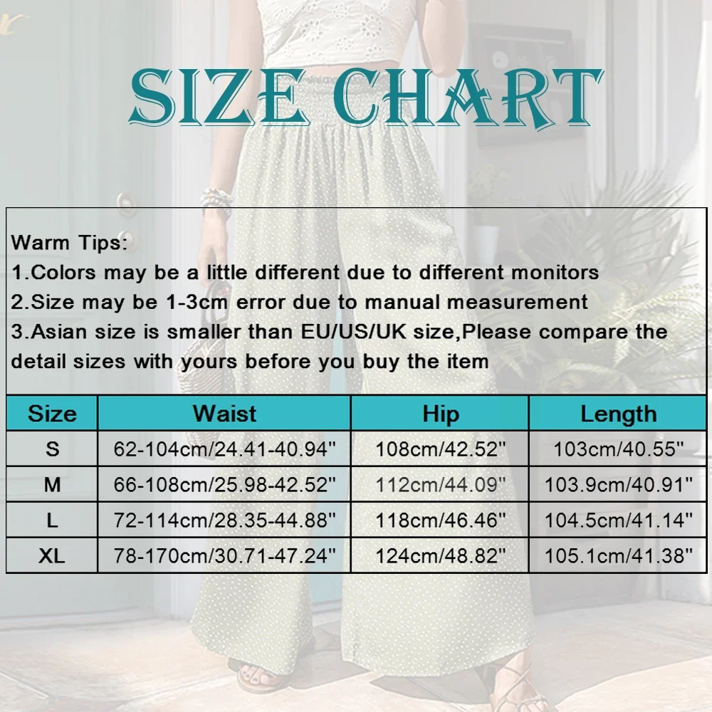 Women Summer Casual Elegant Long Pants Ladies Wide Leg Pants High Waist Polka Dot Loose Pant Straight Trousers Elastic Waistband