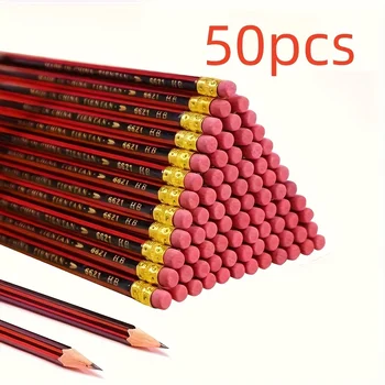 50 matite in legno HB con gomme - Fusti rossi e neri per scrivere, disegnare e schizziare - Per studenti e forniture per ufficio