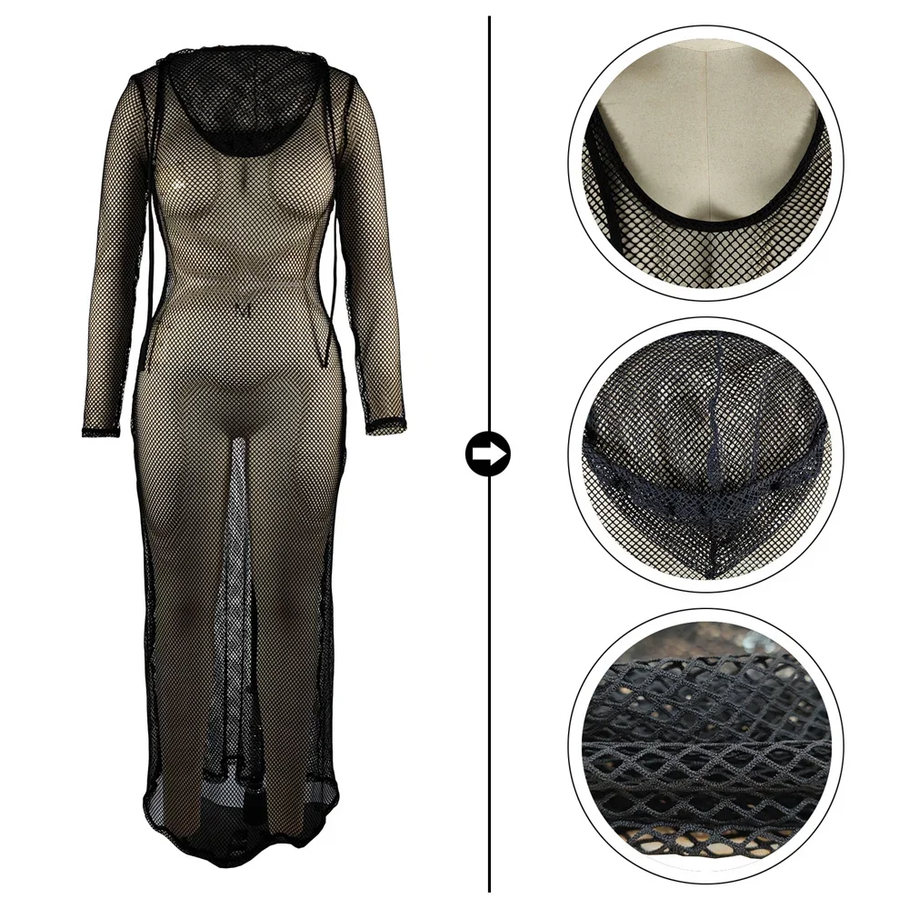 Sexy Fishnet See Through Beach Dress Women Mesh Hollow Out Beach Cover Up Long Sleeve Hooded Dress Seaside Lady Beach Vestidos