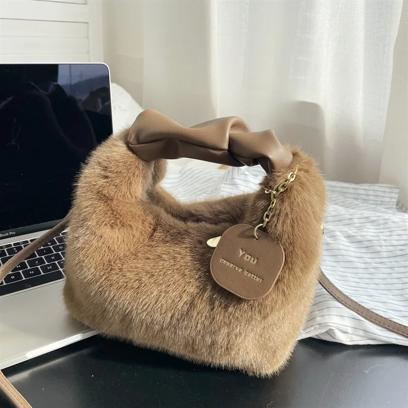 2022 Soft Faux Fur Women's Bag Pu Leather Handle Pleated Design