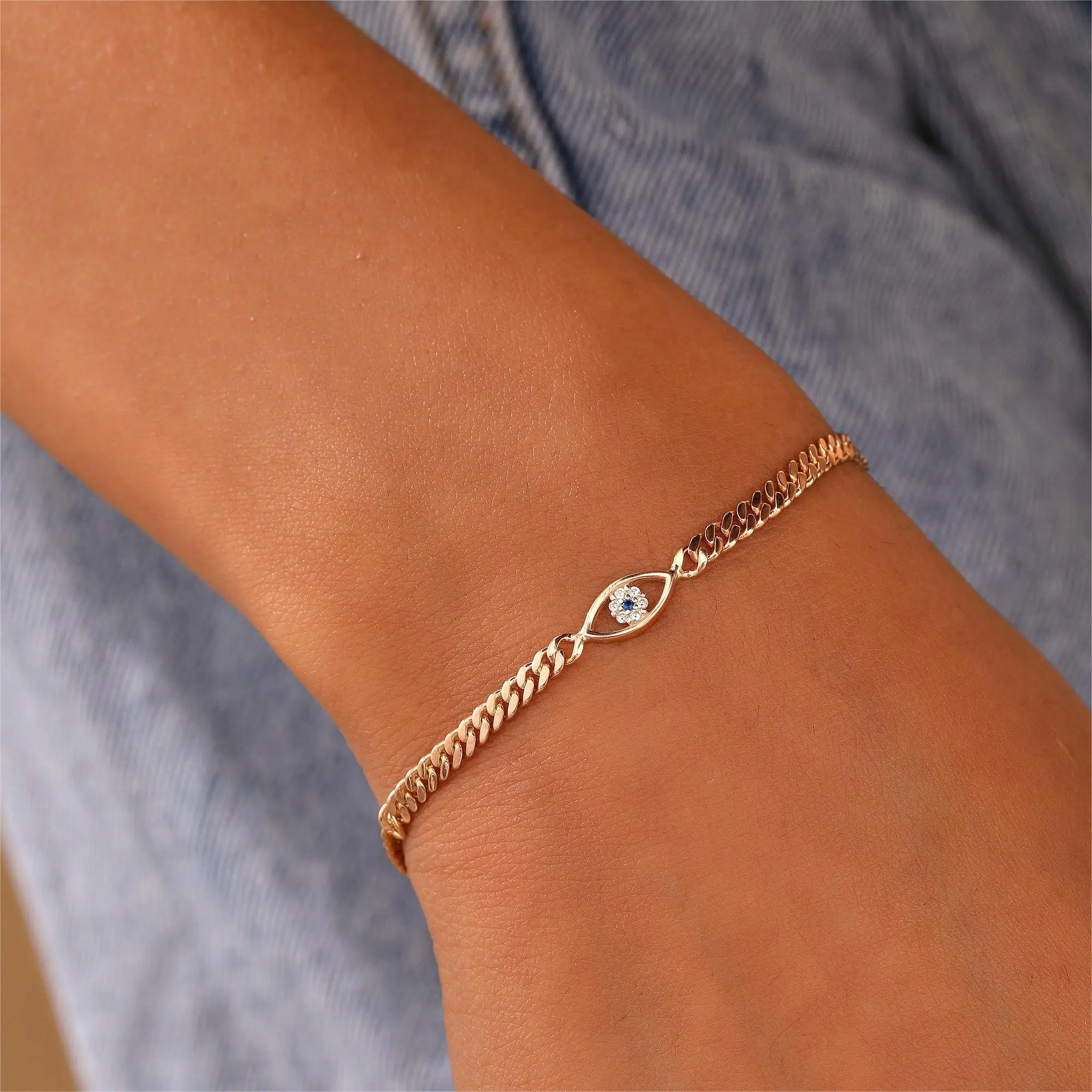 18K Gold Electroplated Devil's Eye Bracelet with Cuban Chain Daily Bracelet with Diamonds Birthday Gift for Women