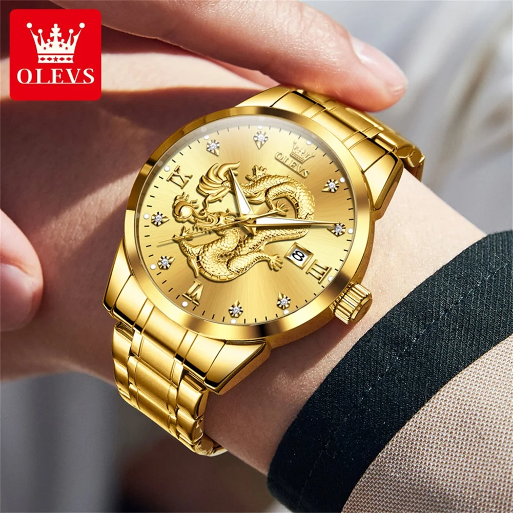 OLEVS Fashion 3D Carved Dragon Dial Design Quartz Watch Men Stainless Steel Waterproof Luxury Gold Watches Relogio Masculino