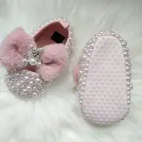Dollbling Pink Furry Cute Bear Bow Bling Rhinestones Handmade Princess Newborn Baby Girl Shoes Wedding Party  Ballet DIY Infant 2