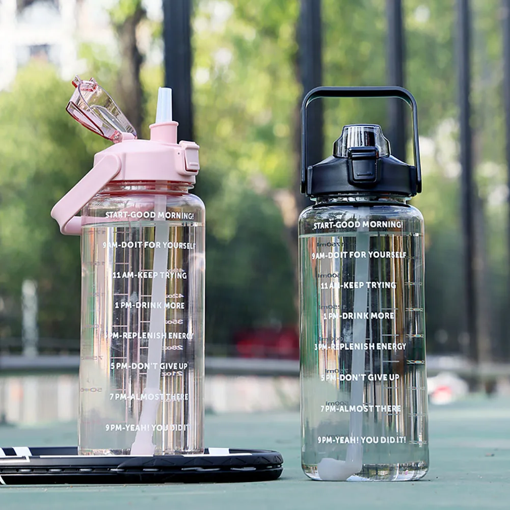 Sports Water Bottle 2L Portable Plastic Straw with Time Marker