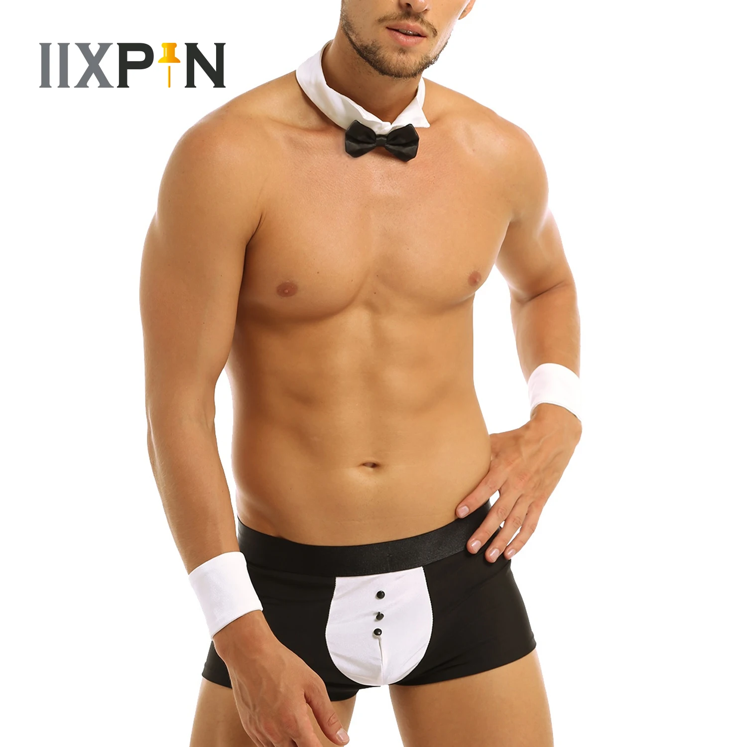 Men Lingerie Set 3Pcs Mens Waiter Tuxedo Lingerie Suit Gay Boxer Briefs Underwear with Bow Tie Collar And Bracelets Halloween Role Play Costume