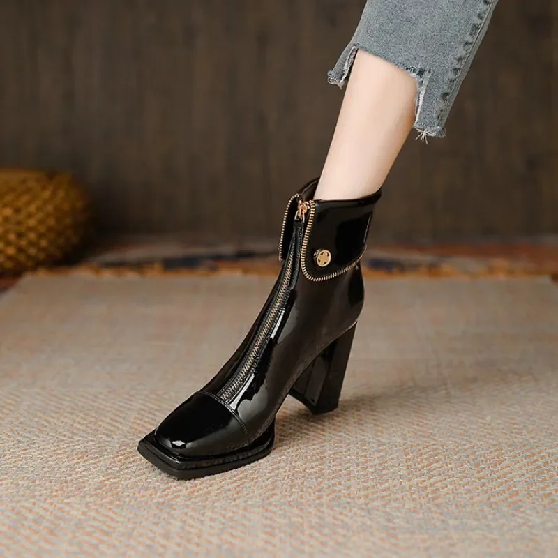 Ladies Shoes 2023 Hot Sale Ankle Women's Boots High Quality Modern Boots Women Solid Square Toe Zip Heeled Shoes Female Zapatos