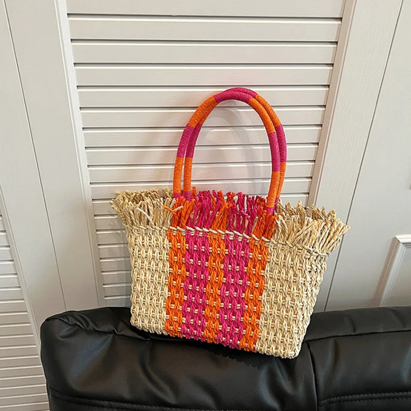 Colorful Woven Large Capacity Women's Handbag Beach Vacation Fashionable and Exquisite Shoulder Bag High Quality Atmosphere