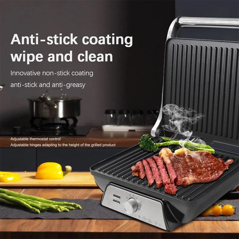 Stainless Steel Indoor Grill, Panini Press XL Automatic Cooking 2000 Watts Smokeless, Removable Plates, Steak Maker 5