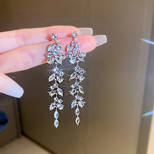 Shiny Crystal Zircon Long Earrings for Women Trendy Geometric Wedding Hanging Drop Earring Fashion Party Vintage Pendant Jewelry