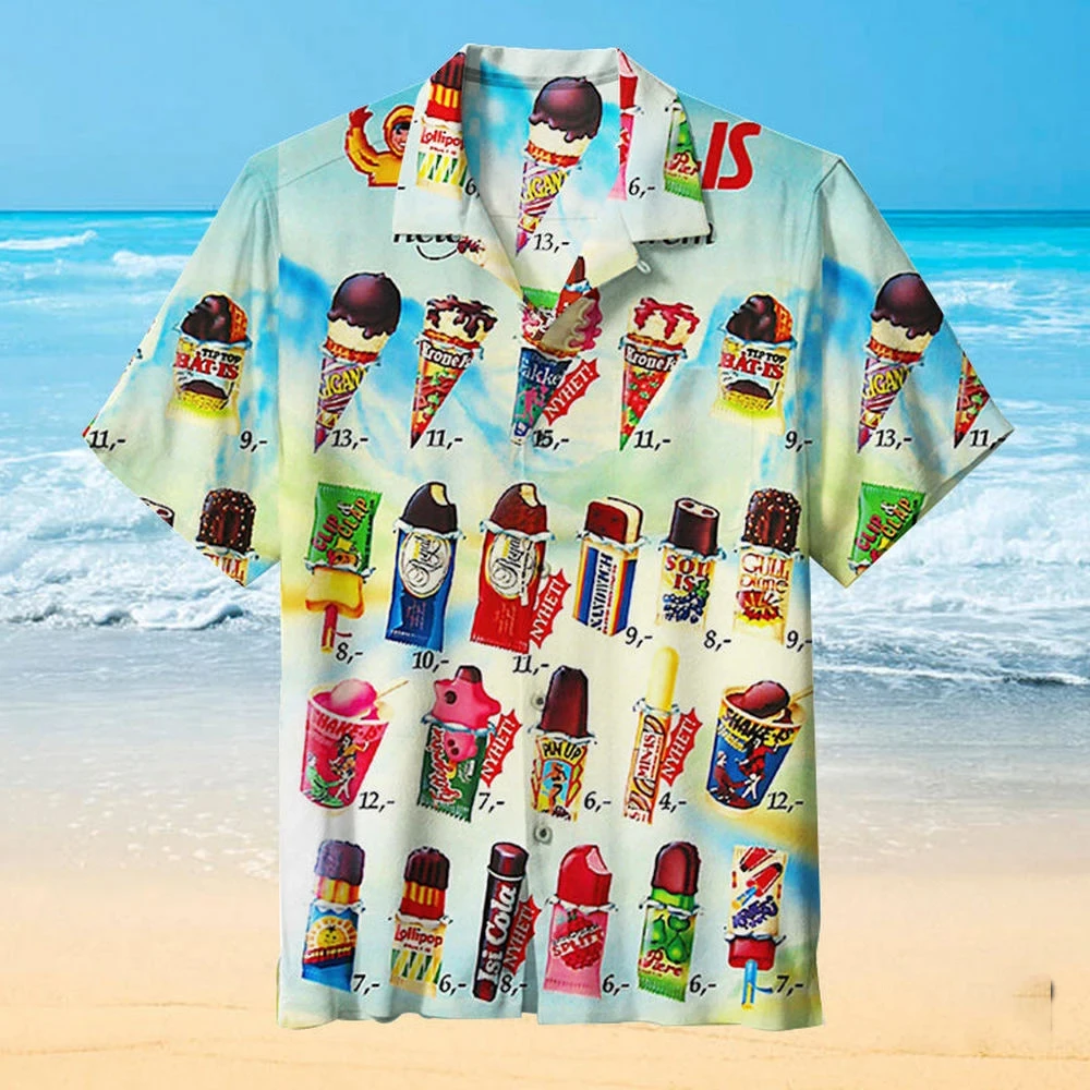 Summer Funny Ice Cream Graphic Party Shirts For Men 3D Hawaiian Cold Popsicle Print Beach Shirt Casual Vacation Ice cream Blouse 6