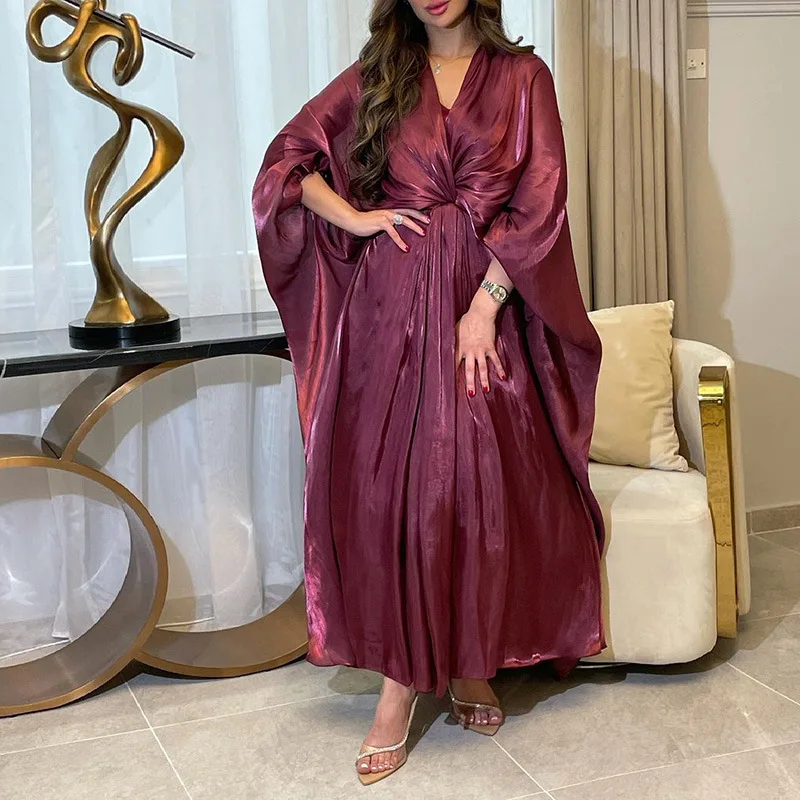 

Dubai Elegant Dress Türkiye Arab Solid Bubble Sleeve Women Satin Abaya Dress for Party Wine Loose Muslin Dubai Islamic Clothing