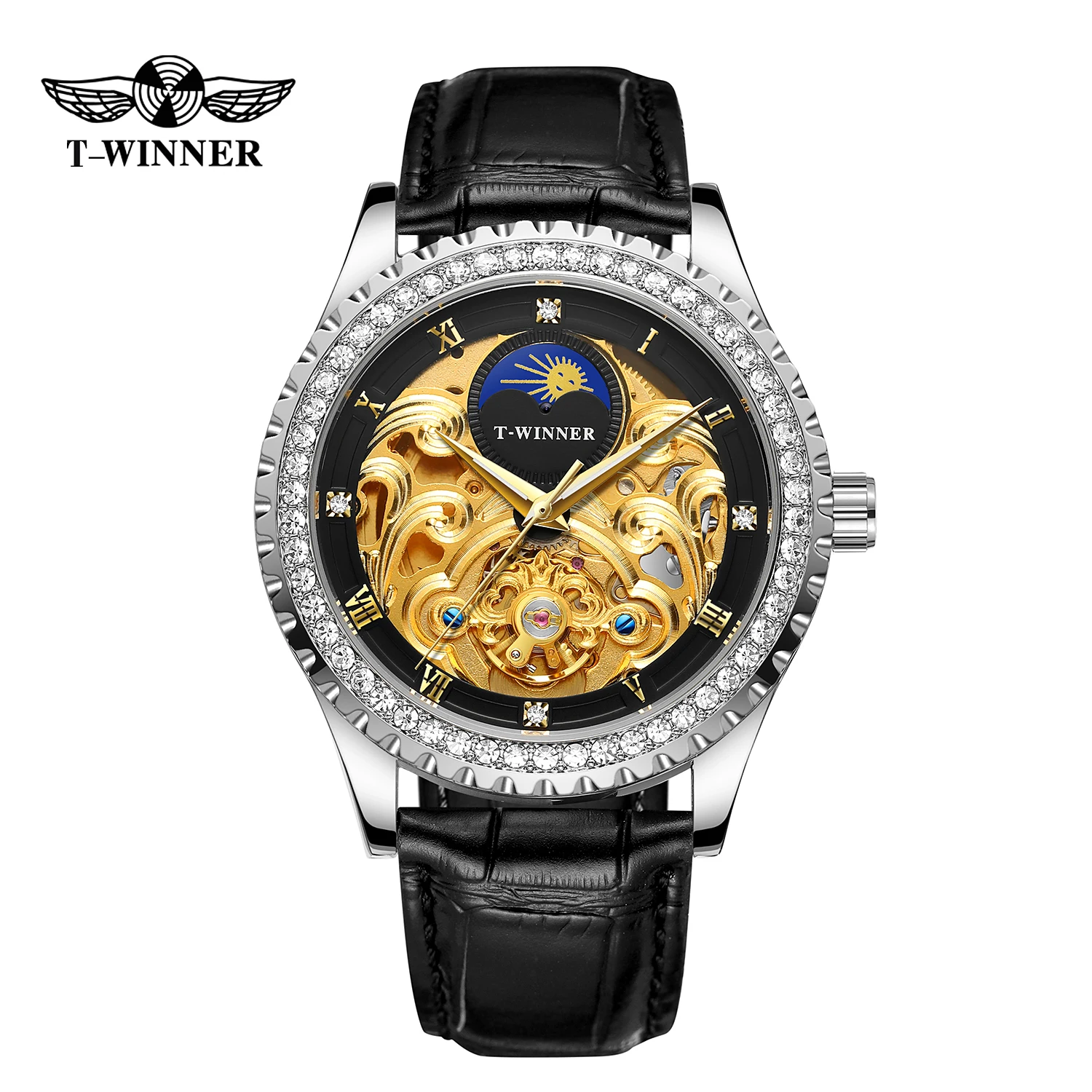 Winner Mechanical Watch Men Moon Phase Carved Skeleton Dial Men Watches Luxury Brand Design Fashion Wrist Watch Leather Belt