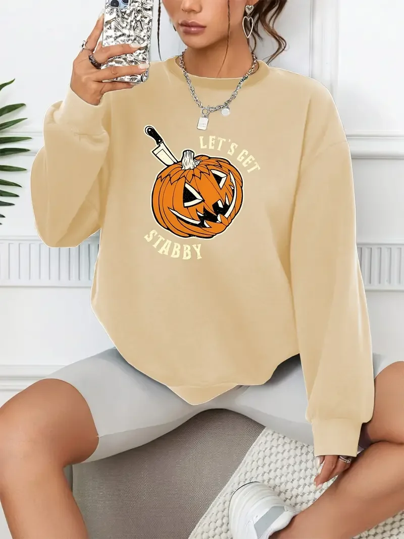 Pumpkins Let's Get Stabby Print Casual Loose Fashion Long-Sleeved Pullover Solid Color Women's Swearshirts
