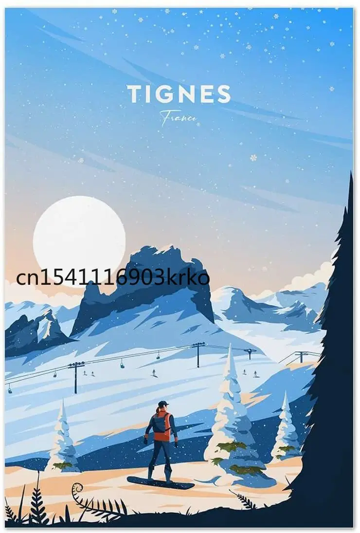 Tignes Traditional Travel Print France Poster Ski Canvas Wall Art for Bedroom Home Decorations 16x24inchWooden Framed |