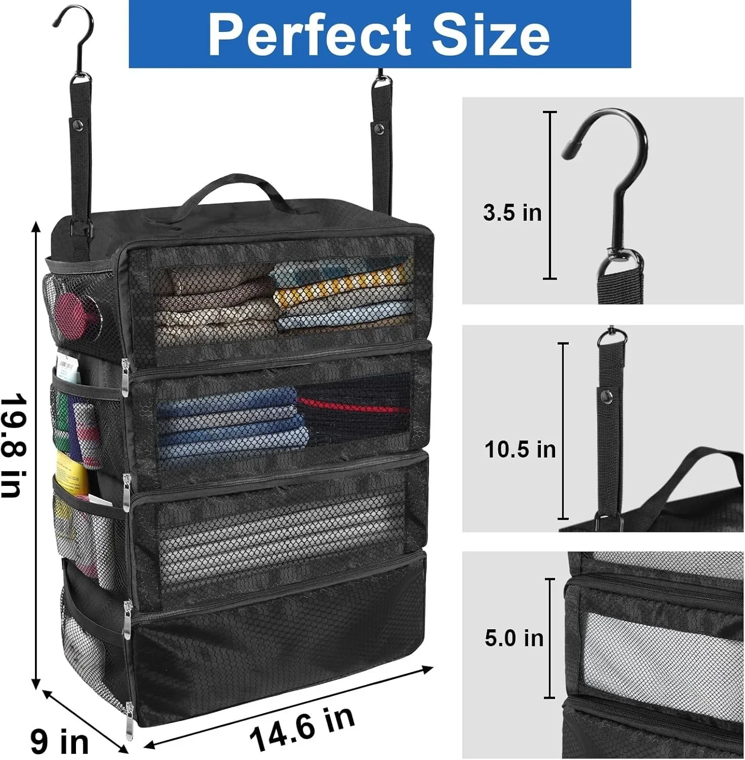Organizzatore per valigie Organizzatore per bagagli da viaggio ad alta capacità Scaffale sospeso Cubo per imballaggio Armadio Borse portaoggetti pieghevoli sospese - immagine 4