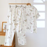 2026 New Spring/Summer Women's Pajama Set 100% Cotton Crepe Cute Thin Short Sleeve+Shorts+Pants Home Clothes 3-Piece Set - Image 2