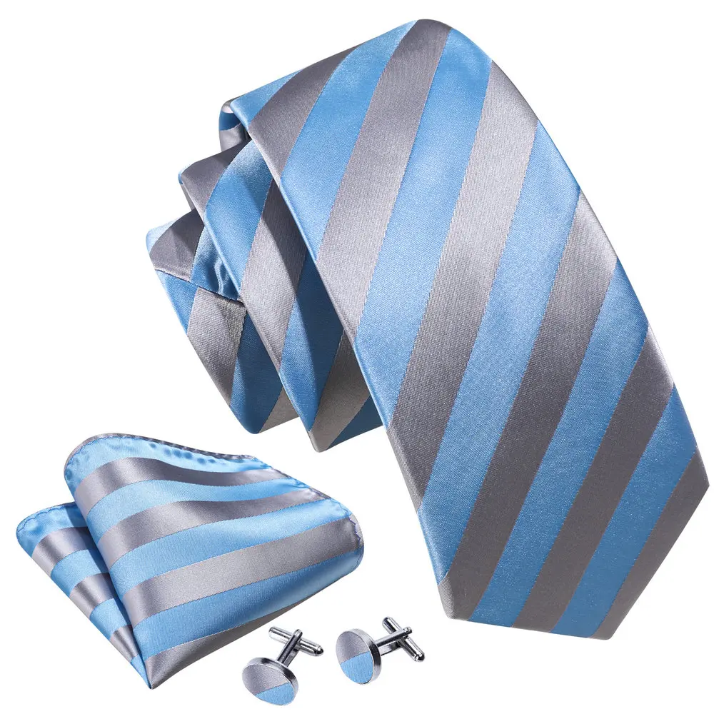 

Blue Grey Stripe Men Silk Tie Designer Hand-Made Necktie Kerchief Cufflinks Sets Fashion Groom Wedding Party Barry.Wang 6365
