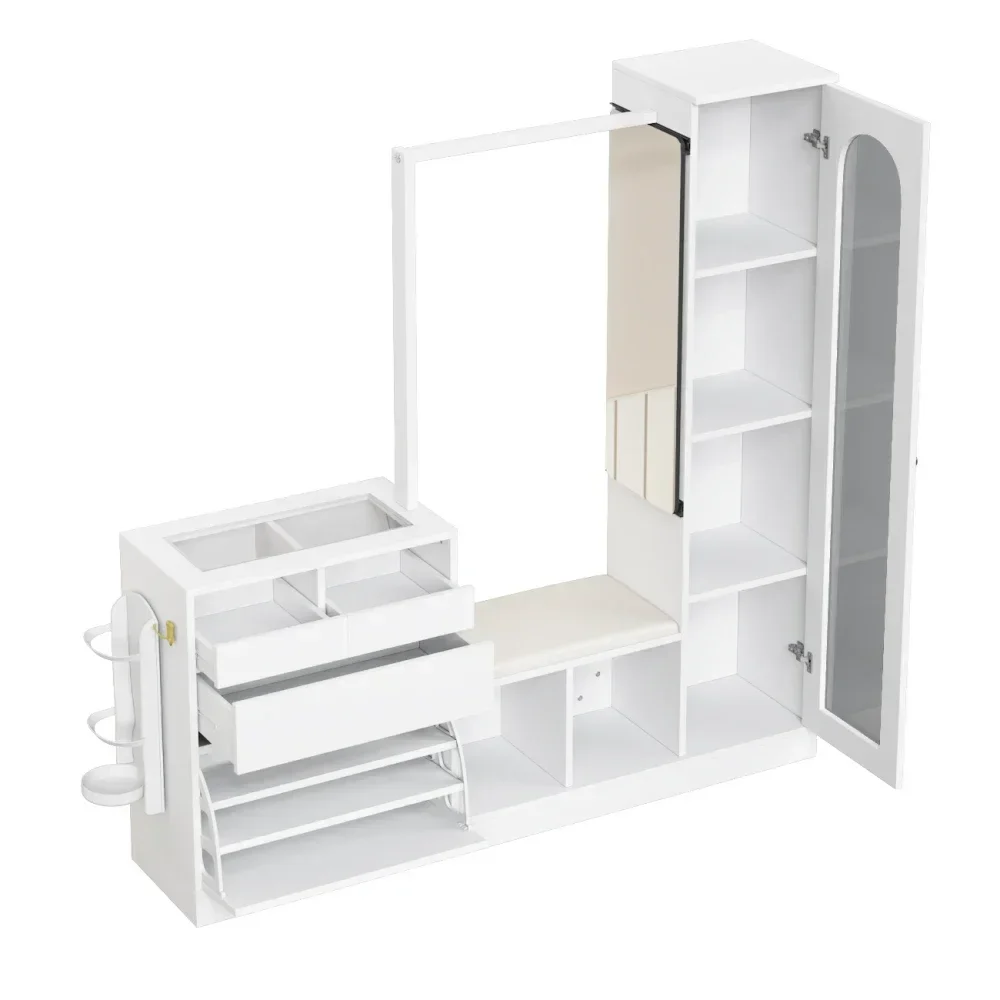 6-in-1-Multifunktions-Kleiderschrank-Set – Friseurtisch, Schuhbank, Klappschrank und Glasvitrine mit LED, praktischer Aufbewahrung zu Hause – Detail 26