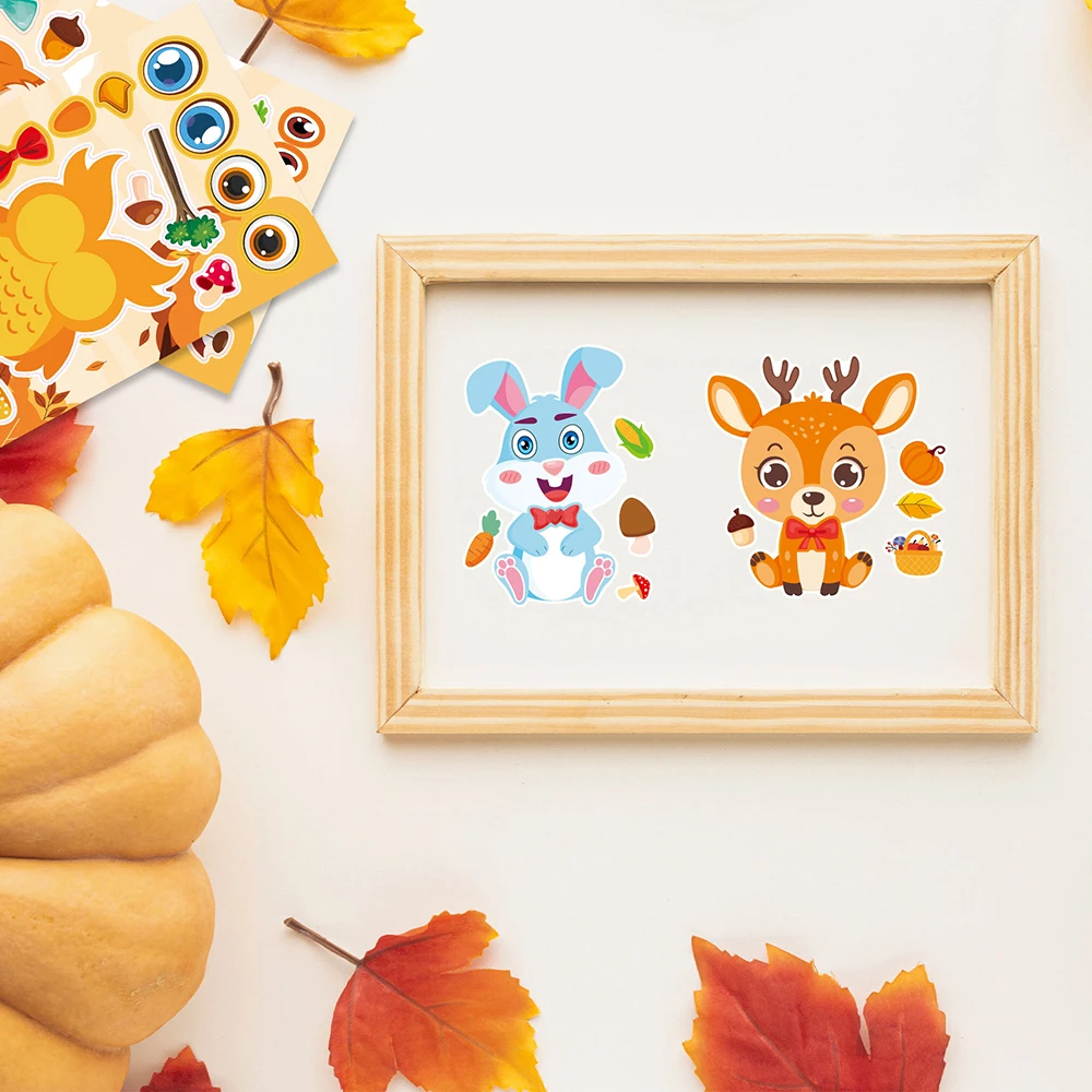 8/16 Blatt Herbsttiere machen ein Gesicht Puzzle-Aufkleber Kinder erstellen Sie Ihr eigenes Eichhörnchen Waschbär Eule Cartoon zusammenbauen Puzzle DIY-Spielzeug – Detail 8