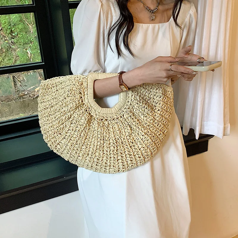 Ladies Moon Design Basket Shopper Bag Beach Straw Bag Summer Woven Travel Handbag For Women Luxury Large Capacity Shoulder Bags